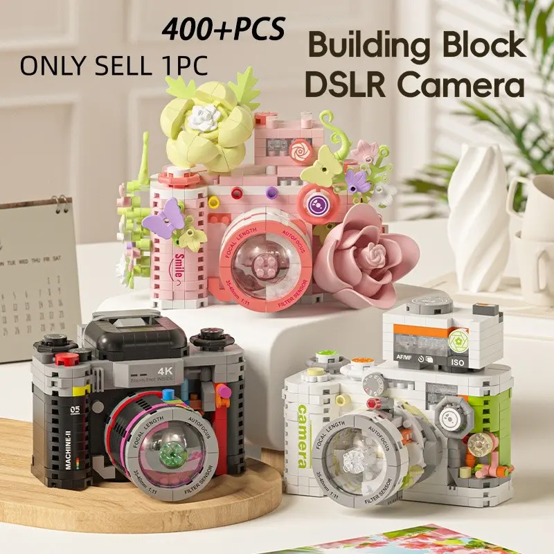 400+pcs Vintage Dslr Camera Building Blocks, Creative DIY Puzzle Toy, Miniature Model with Floral Decor, Desktop Ornament, Girls' Birthday Gift
