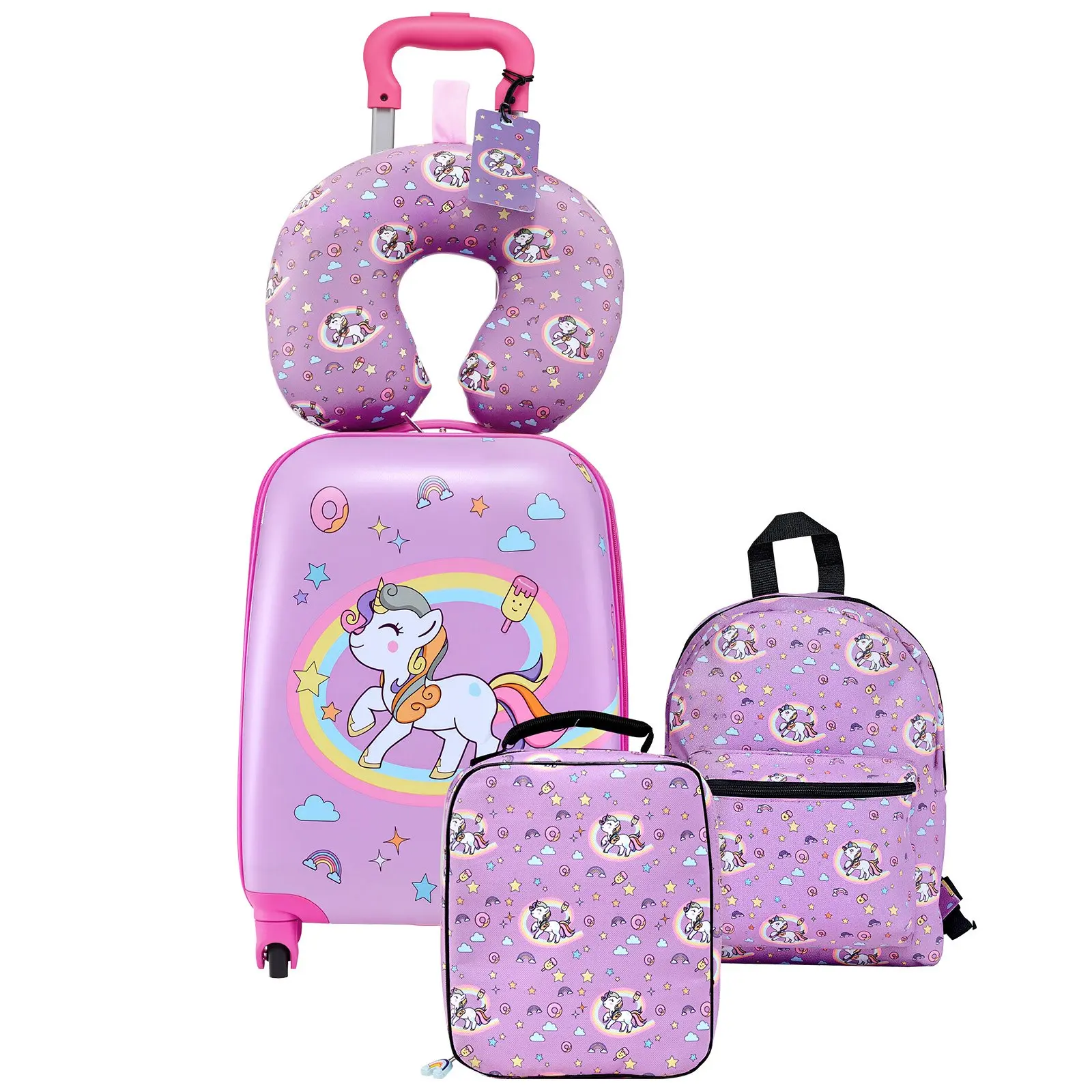 VEVOR 5-Piece Kids Luggage Set, 18" Size Hardside Rolling Zipper Suitcase with Backpack & U-Shape Pillow, Unicorn Airline-Safe Carry-On Holiday Gift for Girls