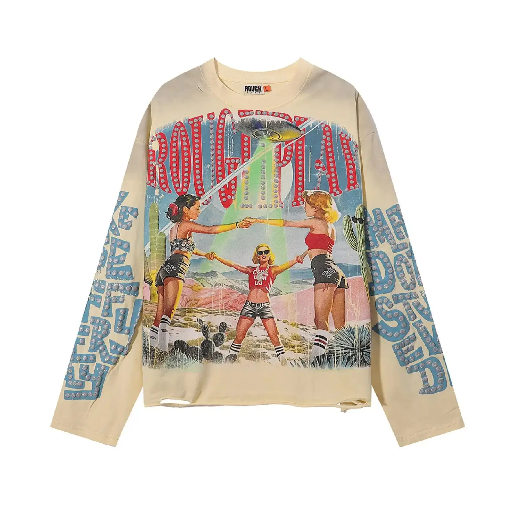 VALLEY Unisex Grunge Rhinestone Graphic Long Sleeve T-Shirt 100% Cotton Loose Oversized Y2K Faux Layered Distressed Washed Patchwork Top Autumn Casual Streetwear Tees Men Women