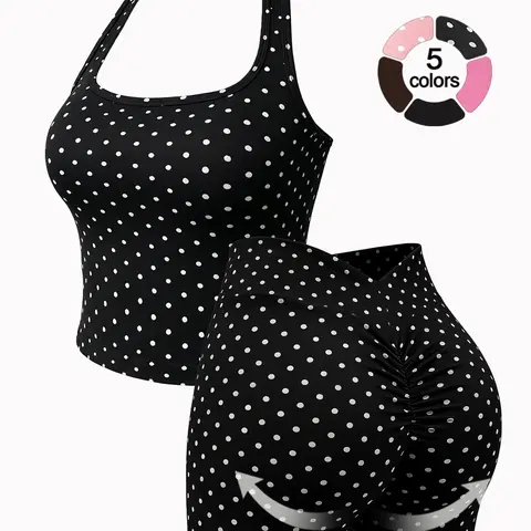 Women's Vintage Sporty Two-Piece Set, Slim-fitting Halter Top & High-Waisted V-Back Ruched Shorts, Ideal for Yoga & Gym, Yoga Fitness Clothing, Five Colors Available