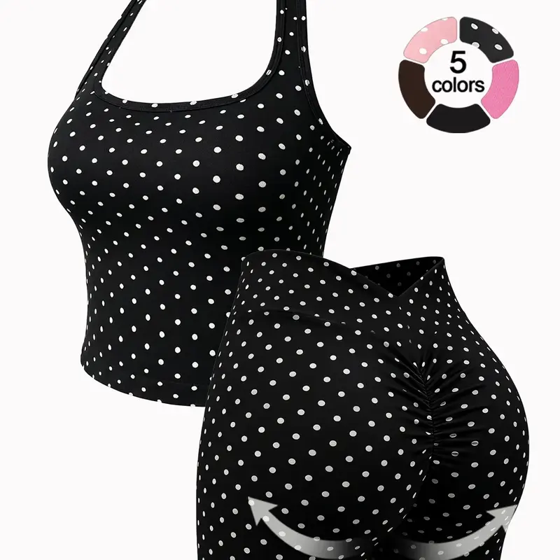 Women's Vintage Sporty Two-Piece Set, Slim-fitting Halter Top & High-Waisted V-Back Ruched Shorts, Ideal for Yoga & Gym, Yoga Fitness Clothing, Five Colors Available