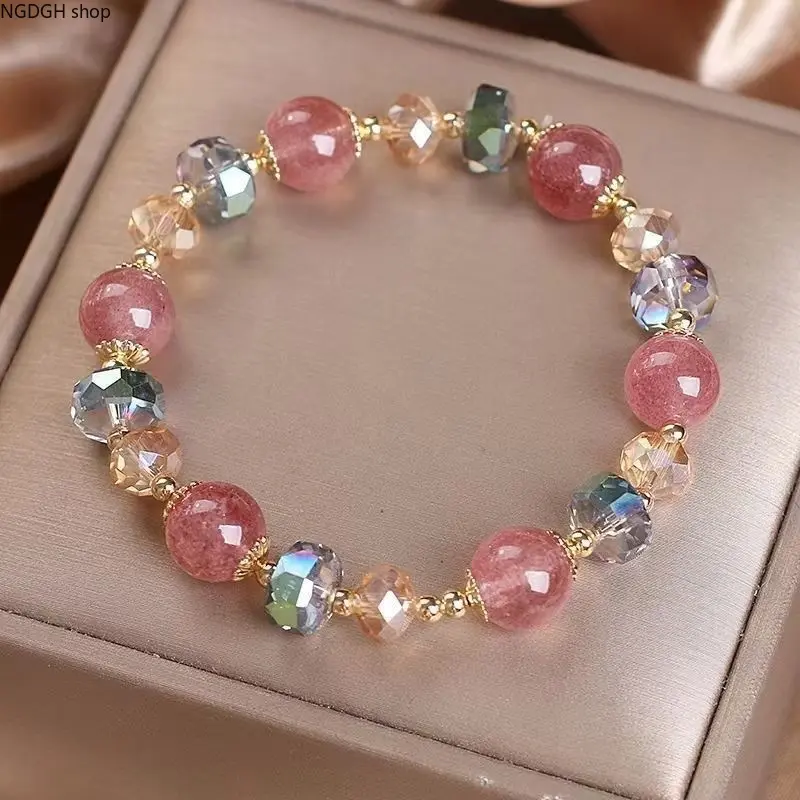 Strawberry Quartz Bracelet Women - Trendy Pink Beaded Stretch Bracelet with Iridescent Faceted Crystals, Gold Tone Sparkling Design, Dainty Everyday Jewelry Perfect for Daily Wear Summer Outfits & Colorful Glam Stacking