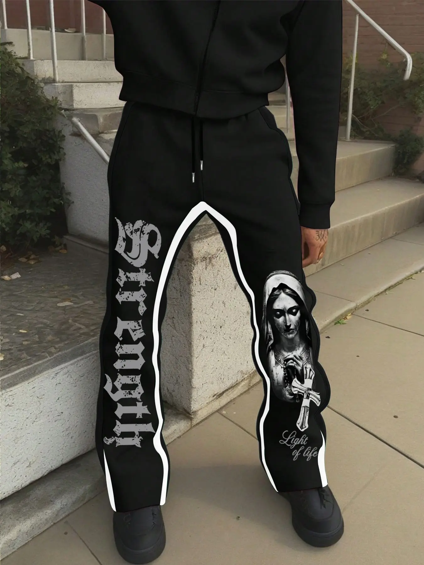 Men's Street Style Nun Print Micro Flare Pants, Slim-Fitting Graphic Pants for Daily Wear, Casual Long Pants for Street Fashion