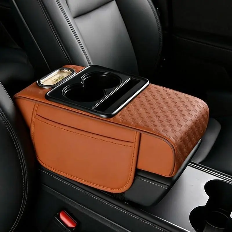 Car Center Console Armrest Pillow, 2 Side Storage Bag Cup &Phone Holder, Auto Armrest, Universal Fit ,Memory FoamLeather 4 in 1 Vehicle Arm Rest Cover with Tissue Box, console storage box pillow cushion, Car Storage Organizers