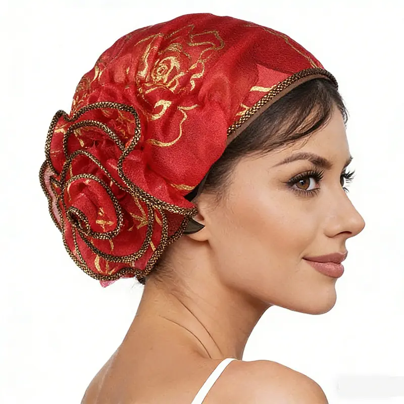 Women's Gold Rose Print Mesh Turban Hat - 3D Big Floral Decor, Sheer Stretch, Synthetic Hair Compatible, Casual Unisex African Style Daily Head Cover Cap for Spring Autumn, Head Wrap