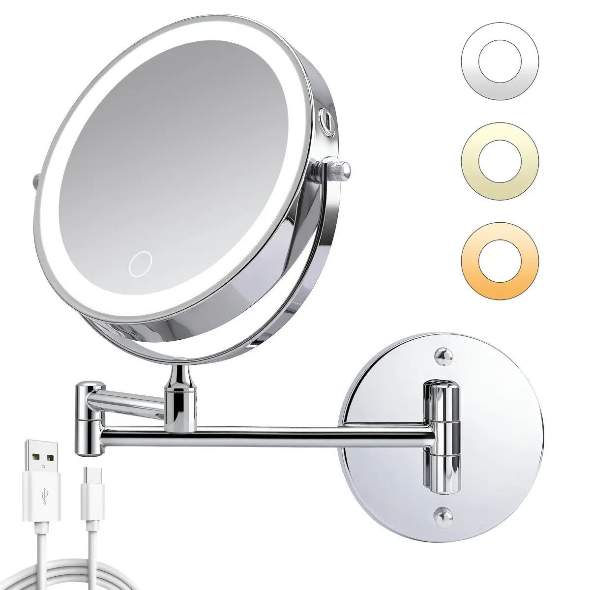 8 Inch Rechargeable Wall Mounted Makeup Mirror, Chrome Iron 1X/10X Double Sided Magnifying Mirror, 3 Color Touch Dimmable LED Light, 360° Swivel Foldable Arm, Space Saving Vanity Mirror for Bathroom
