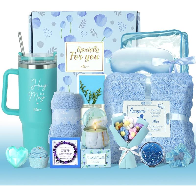 15PCS Birthday Gifts for Women, Relaxing Gifts Baskets for Her, Care Package with Luxury Flannel Blanket and 40 oz Tumbler, Valentines, Mothers Day, Christmas Women's Gift for Mom, Wife, Friends