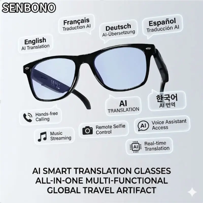 Senbono Multifunctional Smart Glasses Polarized BT Wireless Translation Sunglasses with Microphone Speaker, UV Protection, Auto Pairing, Ai Translation, Voice Assistant, Multifunctional Audio Sunglasses
