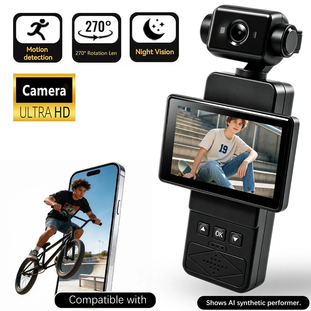 Pocket Vlogging Camera, HD Vlog Body Camera with 2.65" Rotating Screen, WiFi Portable Video Recorder, Wearable Action Camera, Handheld Video Camera for Travel, Hiking, Cycling, Daily Recording, Creative Gift