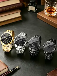 Men's Fashion Quartz Watch Set, 4-Piece Analog Round Dial, Mineral Glass, Alloy Case, Perfect Gift for Father's Day, Business & Party Wear, Quartz Wrist Watches