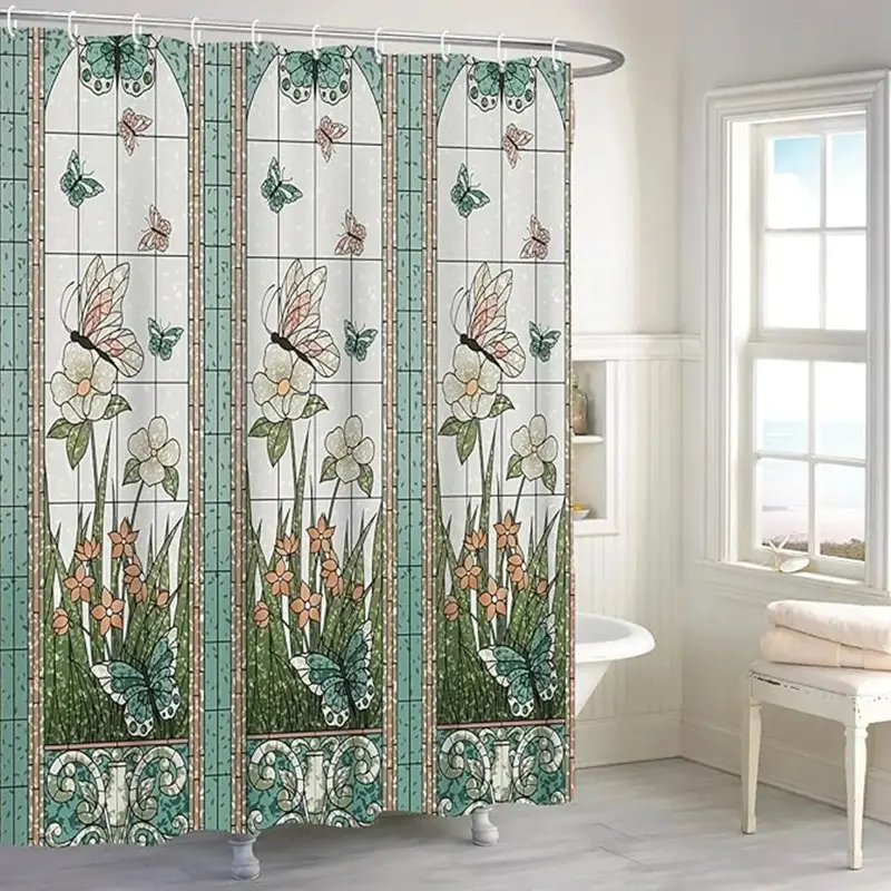 Ornate Polyester Shower Curtains with a Flower and Butterfly Print, Waterproof and Decorative Multicolor Design, Bathroom Shower Curtain, Funky, Peppy, Aesthetic Shower Curtain