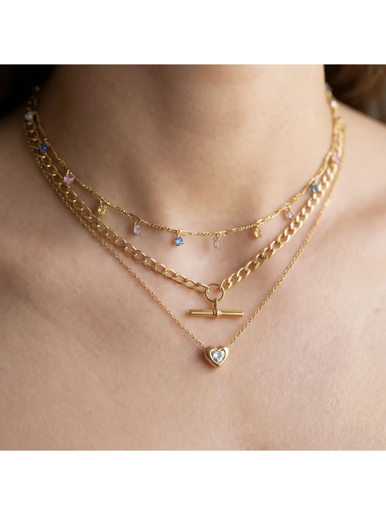 3Pcs Dainty Gold Layered Necklace Set Colorful Tiny Crystal Choker T-Bar Chain Heart Zircon Pendant Stackable Neck Jewelry For Women Daily Aesthetic Outfit
