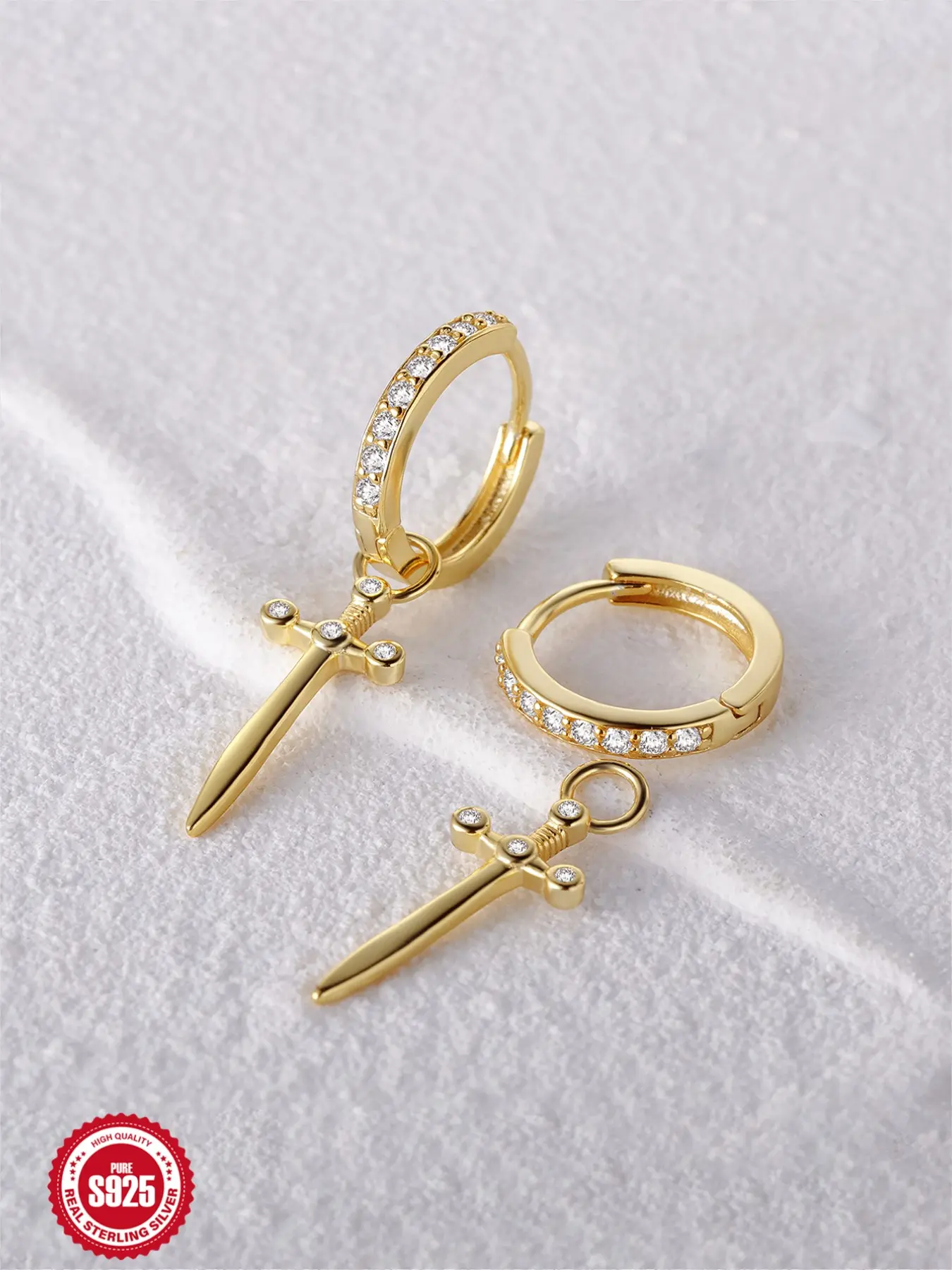 1 Pair S925 Sterling Silver Gold Plated Dagger Drop Earrings, Sparkling CZ Gothic Sword Knife Dangle Earrings, Hypoallergenic Tarnish-Free Punk Alt Jewelry Gift for Her, Dangly Earrings