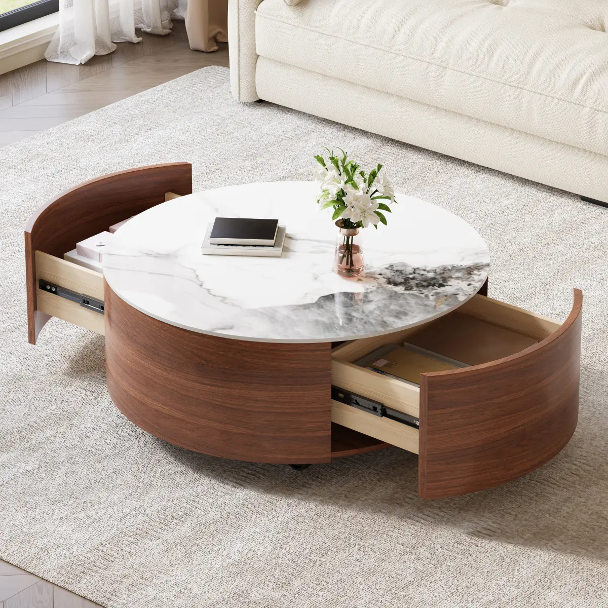 Modern Round Movable Walnut Coffee Table with Casters, 2 Drawers, 29.5x13.5" Marble-Look Sintered Stone Top, Storage Organizer, Patterned Stone Living Room Furniture, Requires Assembly WL