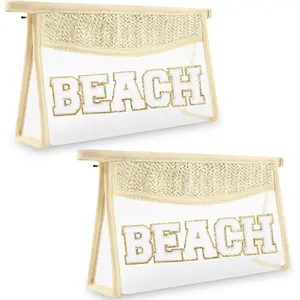 2 Pcs Boho Straw Clear Makeup Letter Bag BEACH Pouch, Sunscreen Bags for Beach Travel Small Cute Chenille Letter SPF Bag Pouch,Waterproof Beach Toiletry Sun Bag Best Beach Accessories for Women(BEACH)(Gift)