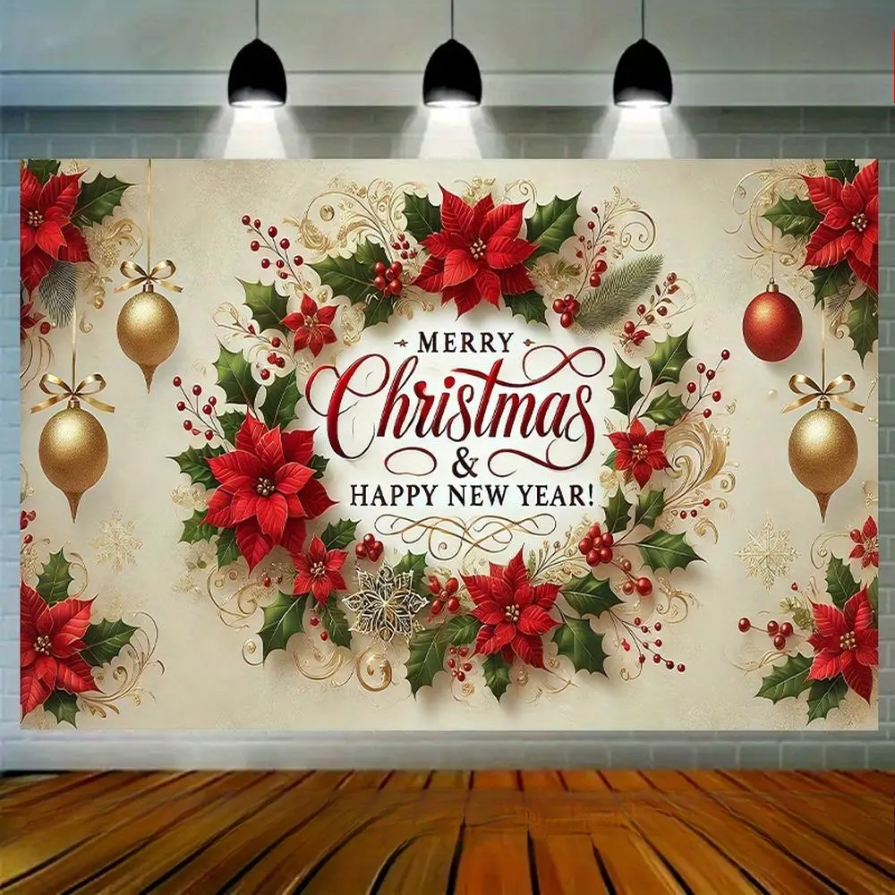Christmas Poinsettia Golden Print Lightweight Polyester Fabric Tapestry (60in*40in) - Machine Washable, Cold Wash, Home Decor Backdrop for Birthday, Holiday Party, Indoor Outdoor Wall Decoration