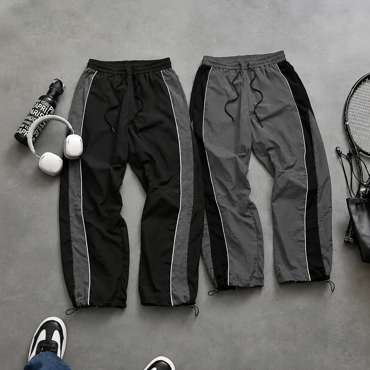 Men's Parachute Track Pants Contrast Side Panel White Piping Cinch Ankle Sweatpants Elastic Drawstring Waist Windbreaker Joggers Outerwear Streetwear Casual Trousers cozy soft cool clean chic active sporty premium classic stylish durable trendy