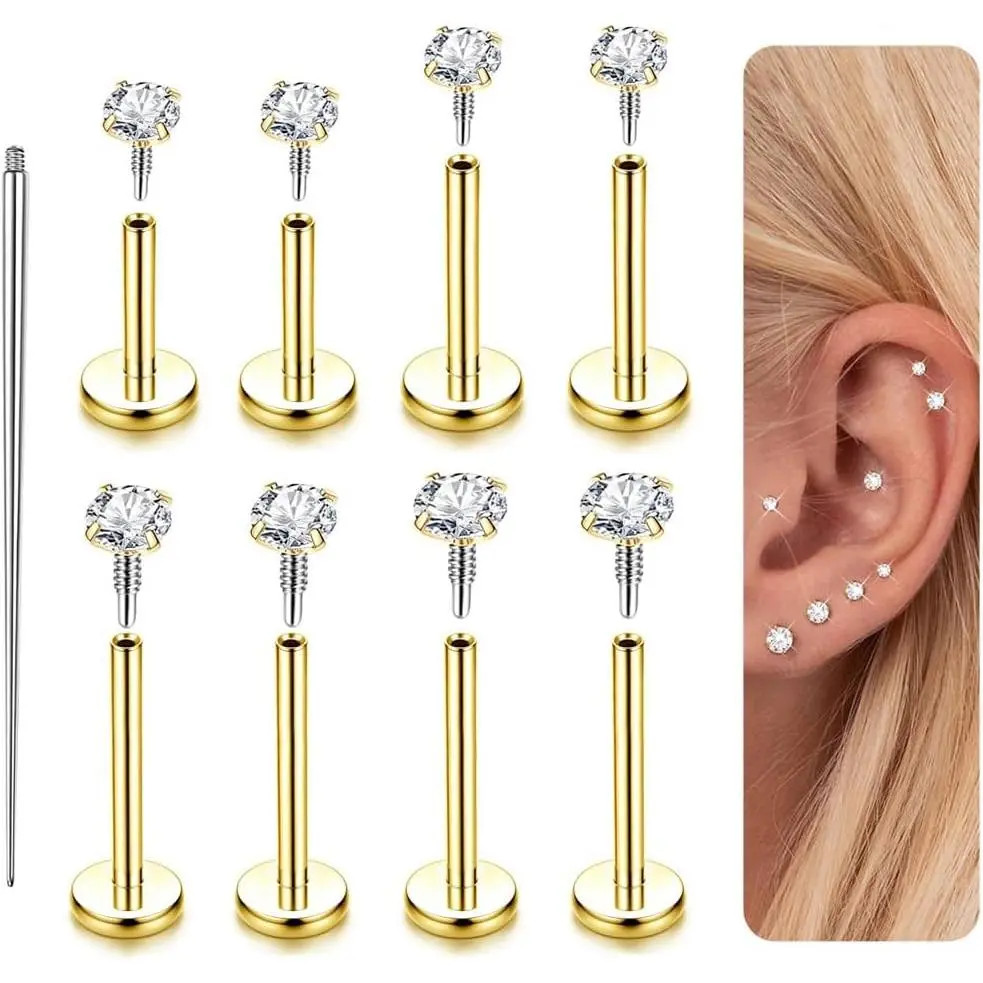 16G 18G Flat Back Earrings Studs-Hypoallergenic Surgical Stainless Steel Cartilage Earring for Women Internally Threaded Cubic Zirconia Nose Stud Lip Medusa Tragus Helix Piercing Jewelry