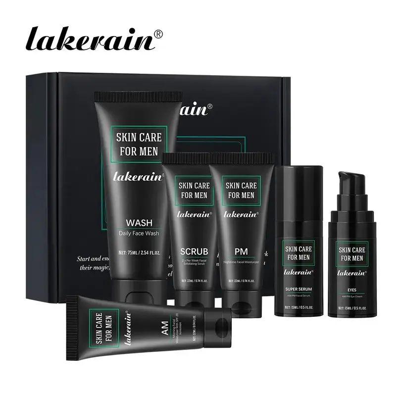 Men's Complete Facial Skin Care Products, 6PCS Set Oil Control, Hydration & Smoothing Kit | Mini Travel Size including Face Wash + Scrub + Day/Night Eye Serum + SPF Day Cream + Night Cream, Perfect for Business Travel & Daily Use, Moisturizing