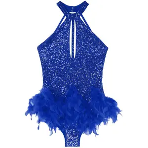 Womens Glittery Sequins Feather Latin Jazz Dance Leotard Dress Tango Latin Dancewear Halter Backless Keyhole Front Rumba Dress