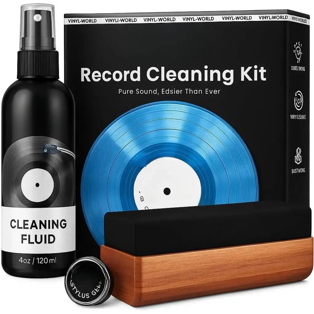 Vinyl Record Cleaning Kit - 4in1 Vinyl Record Cleaner Kit for Vinyl Records Albums.Vinyl Cleaner Includes XL Record Brush, Cleaning Liquid (4oz), Duster & Stylus Cleaning Gel - Archival Standard