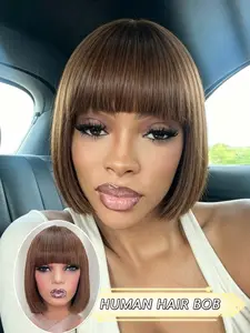Human Hair Bob Wig with Bangs, 10 Inch Straight Cut Bob Wig, Full Machine Made Construction, Soft Smooth Hair, Lightweight Breathable Cap, Everyday Style for Women