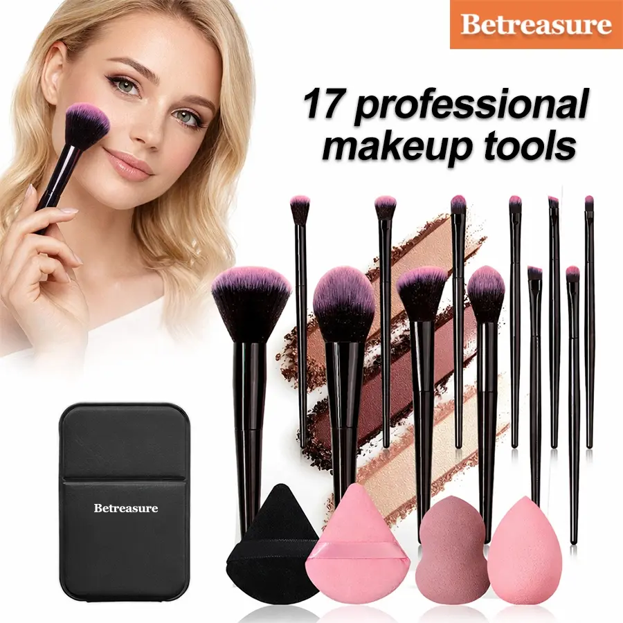 Betreasure 17 pieces makeup brush set, Face makeup brushes, including 12 brushes, 4 powder puffs and 1 mirror, suitable for base makeup, eye shadow, eyebrows to create a makeup, suitable for all skin, novice friendly, professional makeup tools