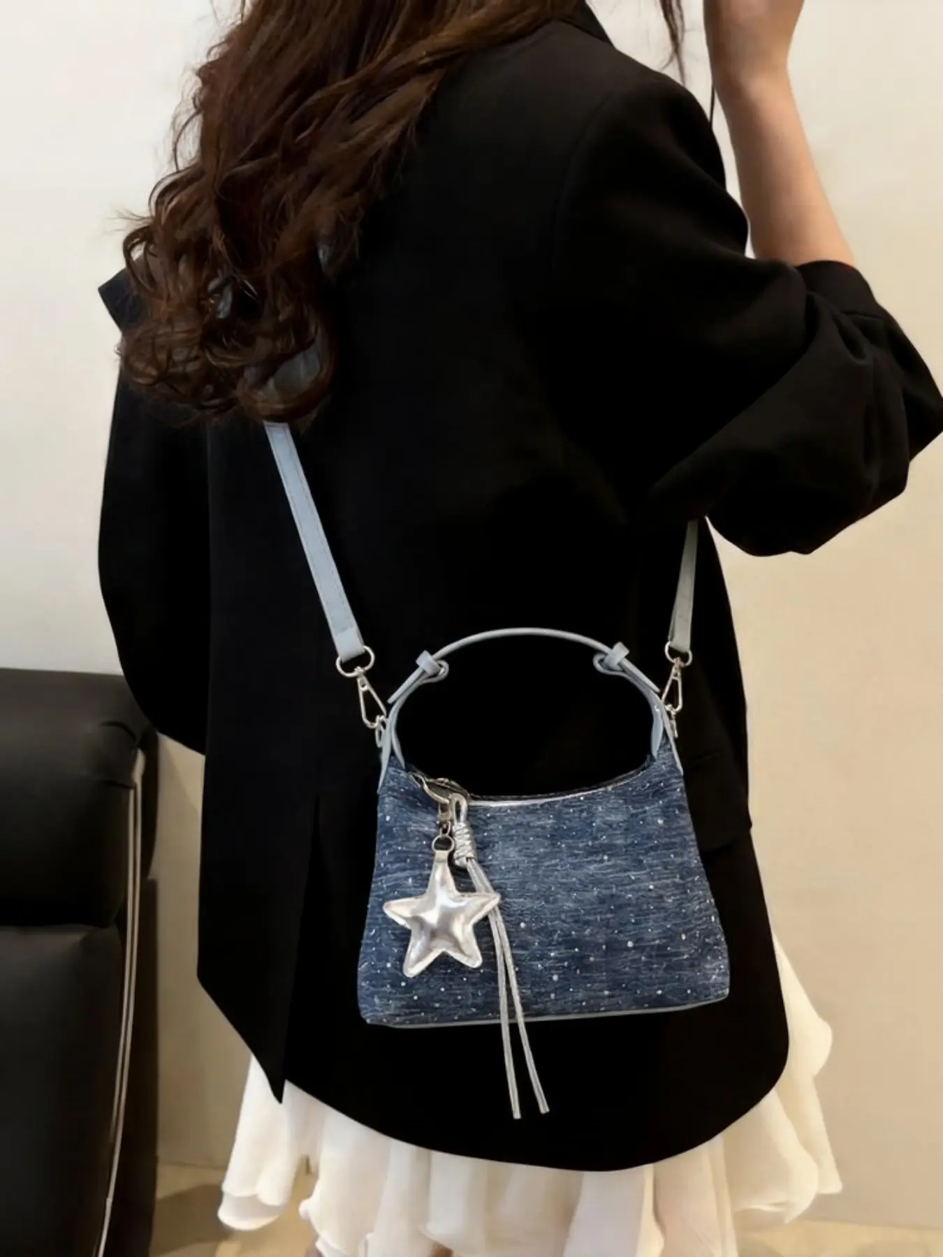 Sparkly Denim Star Charm Crossbody Bag, Adjustable Strap Shoulder Bag, Multi-Compartment Phone Cosmetic Organizer, Versatile Daily Use Bag