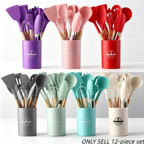 Silicone Kitchen Cooking Utensils Set, 12pcs/set Including Spatula, Spoon, Tongs, Whisk, Basting Brush, Cooking Utensils Set with Storage Basket, Kitchen Utensils Set, Kitchen Cooking Accessories, Home Kitchen Supplies