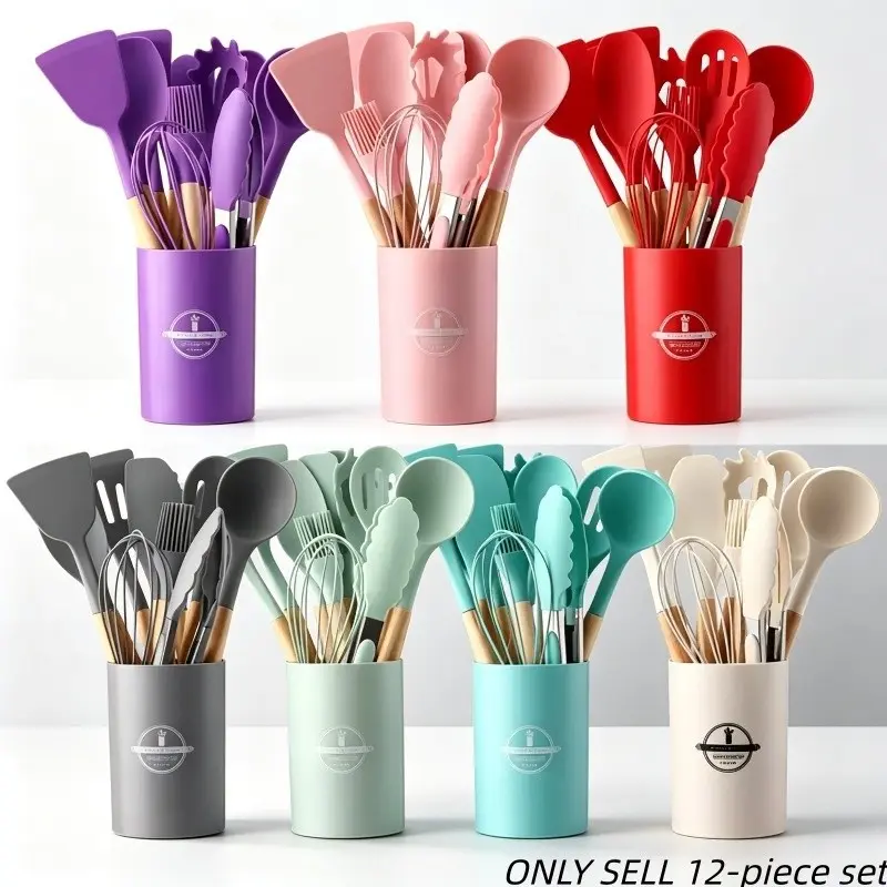 Silicone Kitchen Cooking Utensils Set, 12pcs/set Including Spatula, Spoon, Tongs, Whisk, Basting Brush, Cooking Utensils Set with Storage Basket, Kitchen Utensils Set, Kitchen Cooking Accessories, Home Kitchen Supplies