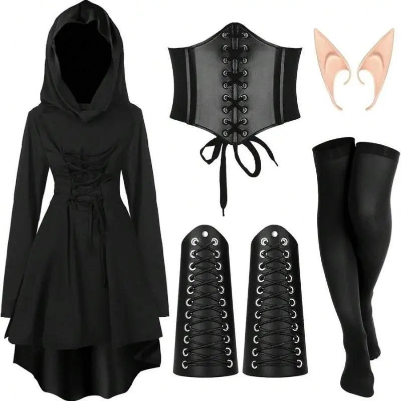 HalloweenWomen'sRenaissanceFairyCostumeSetMedievalHoodedRobeElfEars5-PieceSet