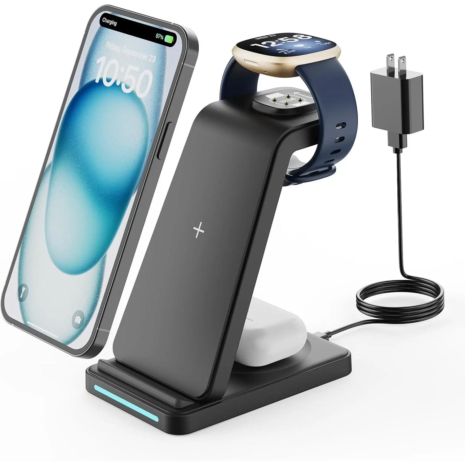 GEEKERA Wireless Charger for Fitbit Charging Station 3 in 1 Phone Charger Stand for Fitbit Watch Sense 2/Sense/Versa 4/3, iPhone, Samsung, Google Pixel Phones, Androids, Airpods 4/3/2
