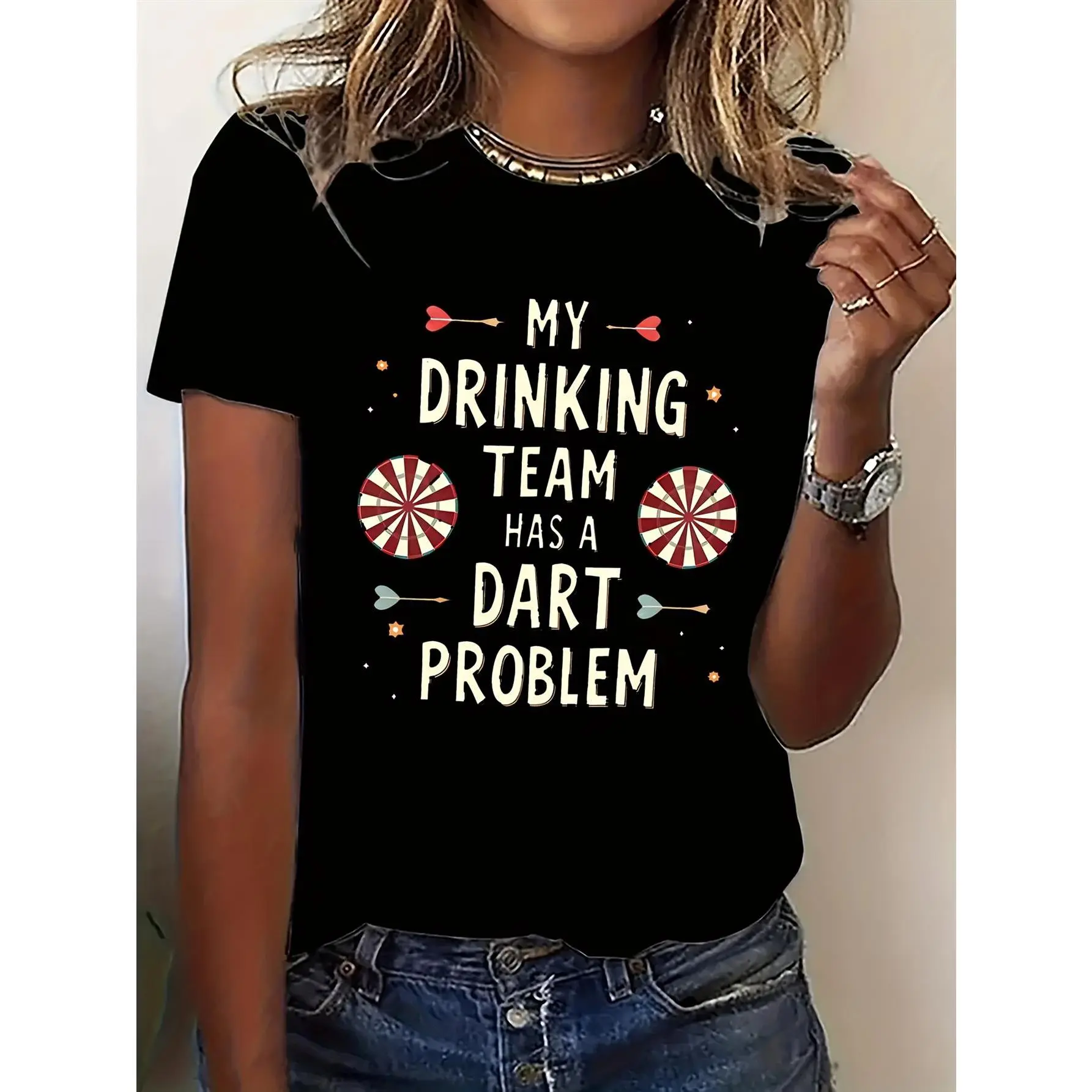 Unisex This T-Shirt Features a Fun Darts Theme for Women, Perfect for Casual Outings. It Has a Round Neck And Short Sleeves, Blending Humor Related to Darts Parties. The Fabric Is Medium Stretch, Ensuring Comfort Throughout The Year