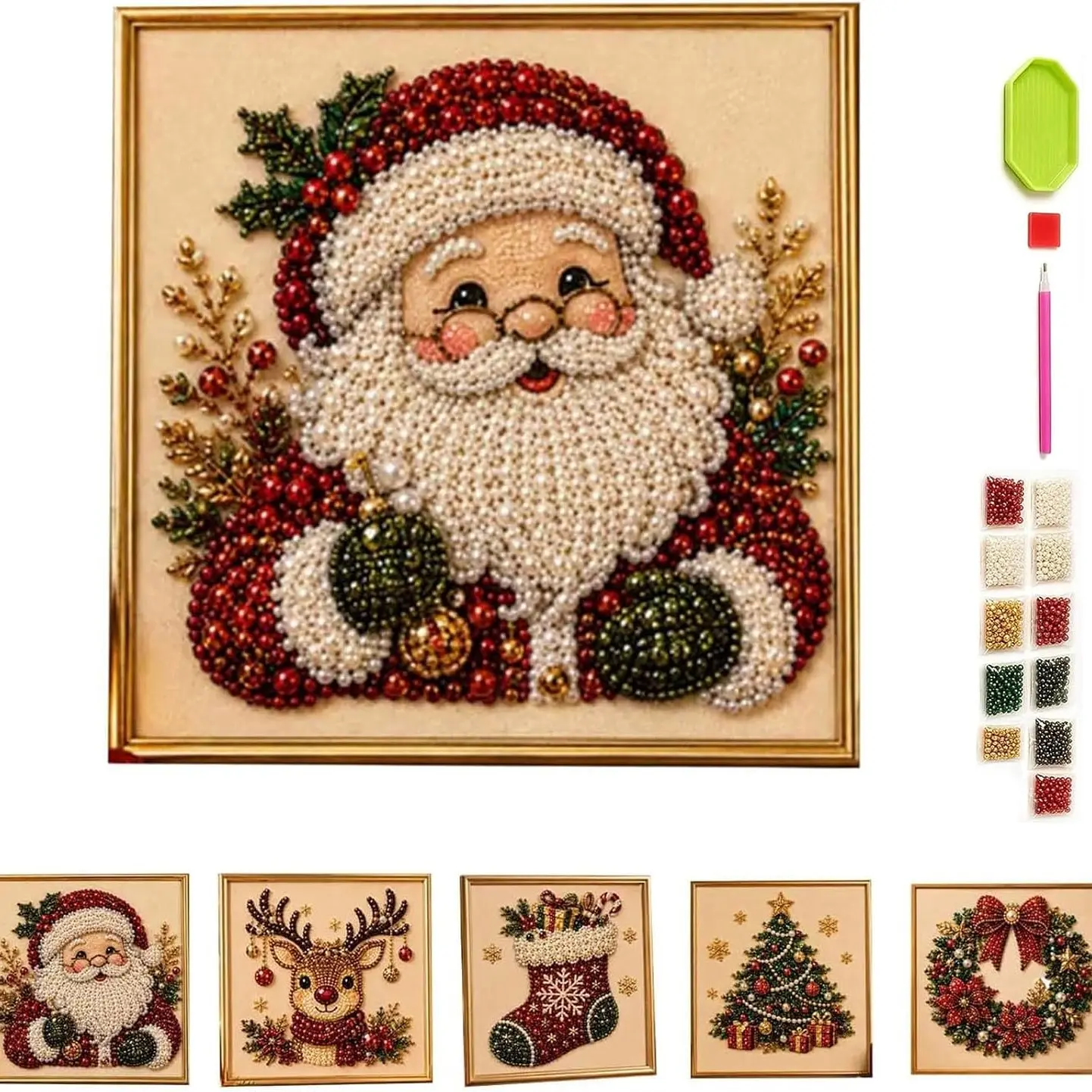 DIY Christmas Pearl Diamond Painting Art Kit with Frame, Christmas Ornaments for Adults, Relaxing & Beginner-Friendly Pearl Diamond Painting Hanging Kit for Home Wall Decor