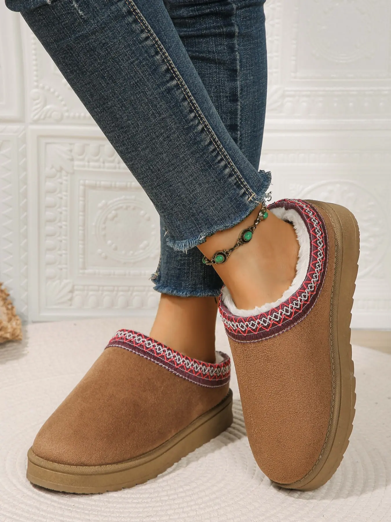 Women's Suede Leather Slippers, Indoor/outdoor Comfortable Warm Lining Short Snow Boots, Home Shoes Breathable Non-Slip, Non Slip Bottom, Trendy Casual Slippers
