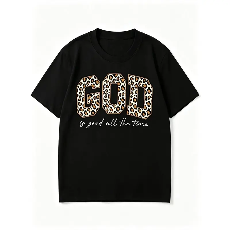 Lady's Short-Sleeve Leopard Print "God Is Good All The Time" Graphic T-Shirt, Black Cotton Christian Faith Sporty Chic Summer Casual Sport Top (bk), Tshirt, Faith Graphic