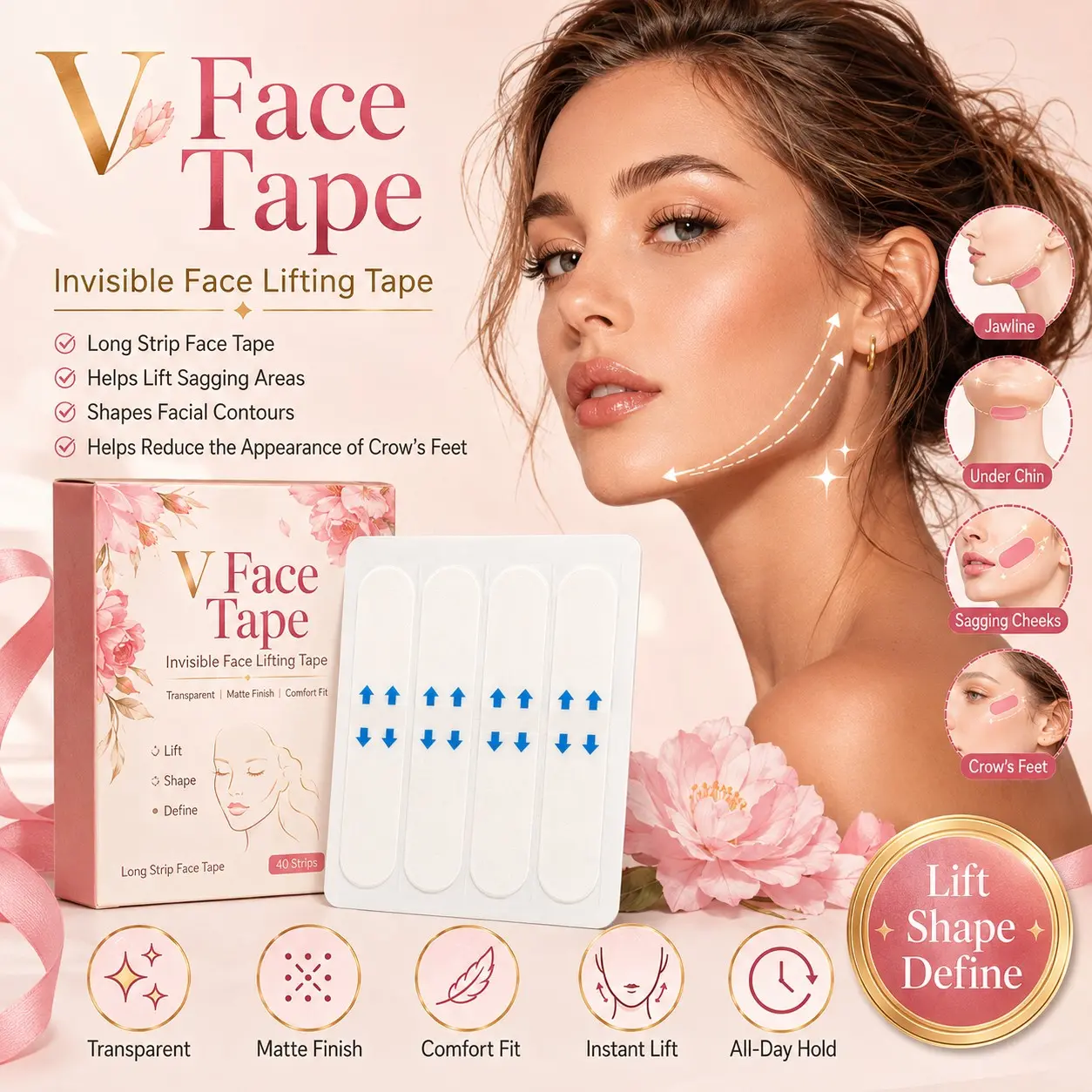 40 Pcs Invisible V Face Lifting Slimming Patches, Instantly Shape Jawline, Improve Double Chin, Fine Lines, Matte Transparent, All-Day Wear