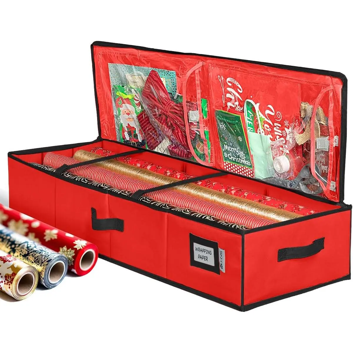 HOLDN'   Wrapping Paper  Container - Durable 600D -Proof, Fits 27 Rolls  Wrap, Extra Pockets for Ribbons & Bows, Underbed  - Ideal for Holiday Christmas, Red/Black Trim