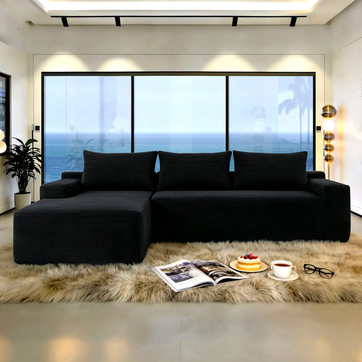 AobtkelNew2 96.9" Compressible L-Shape Chaise Double Cloud Sectional Couch, Modern Modular Deep Seat Corduroy Upholstered Sofa for Living Room, No Assembly Required, Grey Right