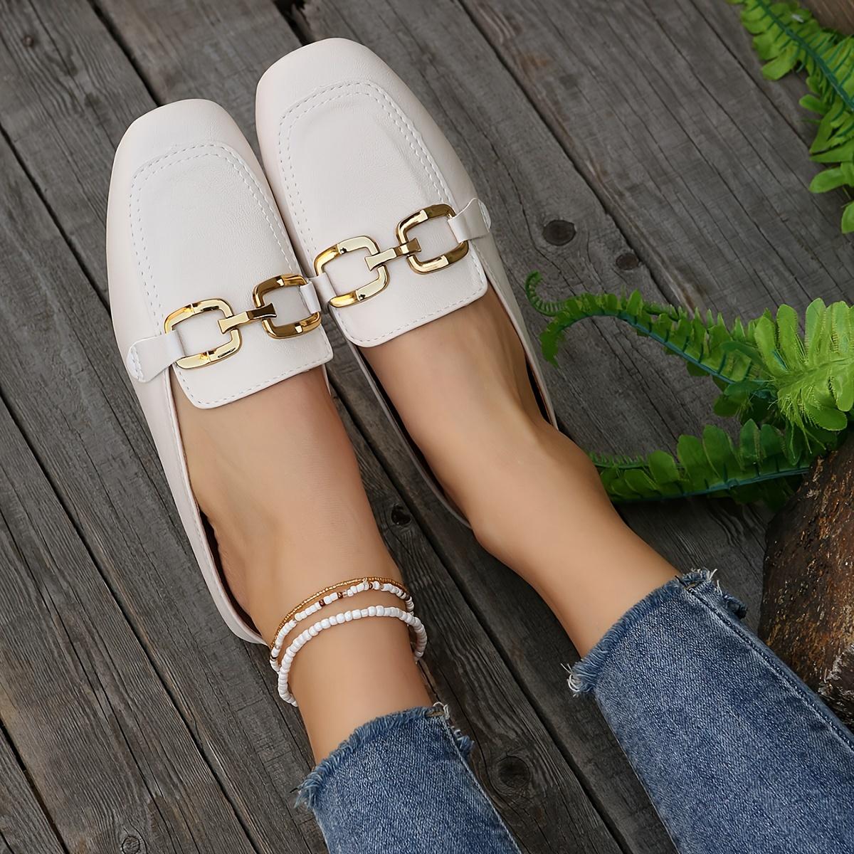 Women's Square Toe Flat Mules, Metallic Buckle Decorated Slip-On Backless Loafers, Fashionable Outdoor Slippers Set viral comfort shoes  trend