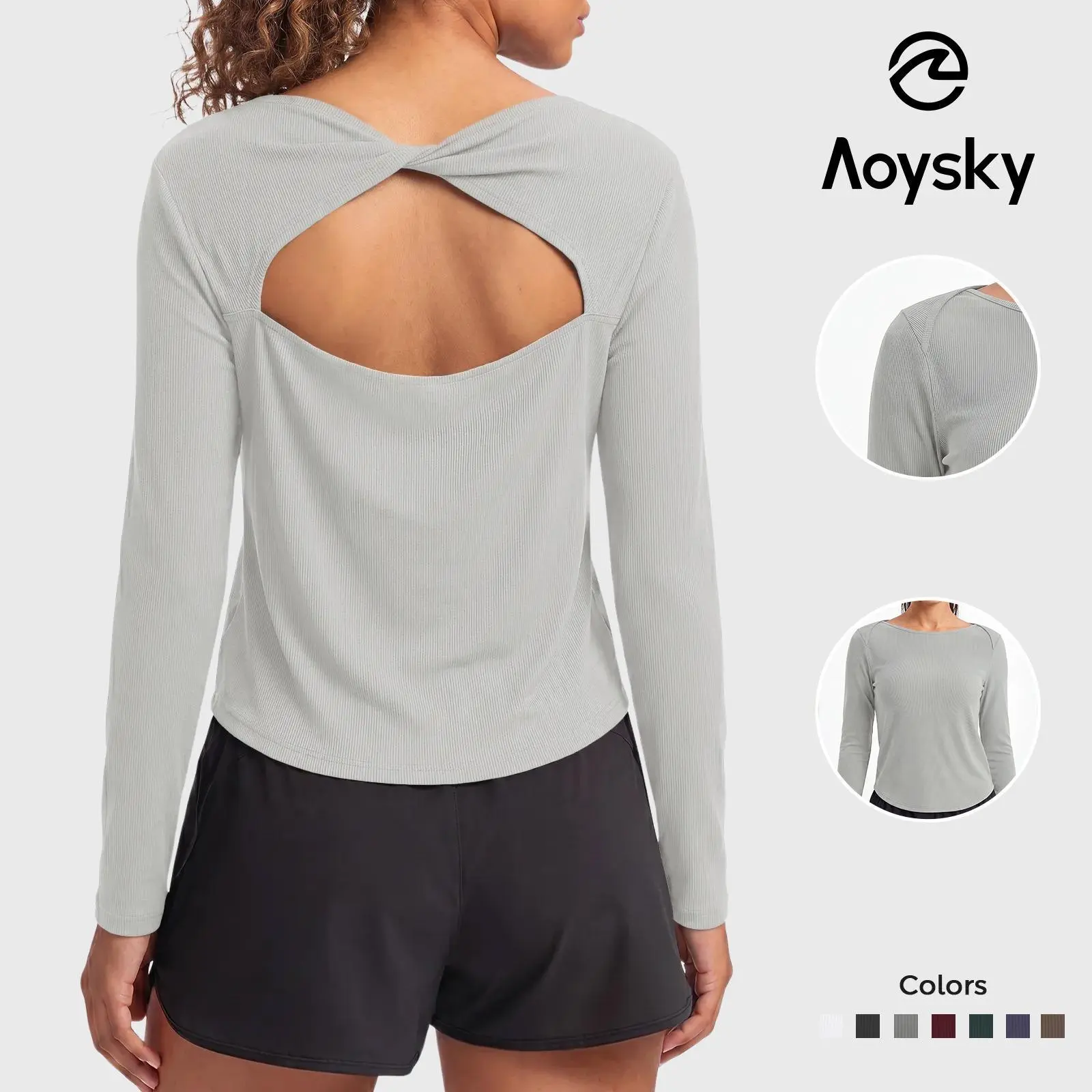 Aoysky Women's Ribbed Long Sleeve Crop Top - Casual Workout Activewear Clothes with Open Back Twist Detail, Core & Breathable Cooling Sport T-Shirt for Everyday Use, Casual Workout Tops, Gym Fashion, Athletic Fashion Activewear, Fitness Workout Shirt