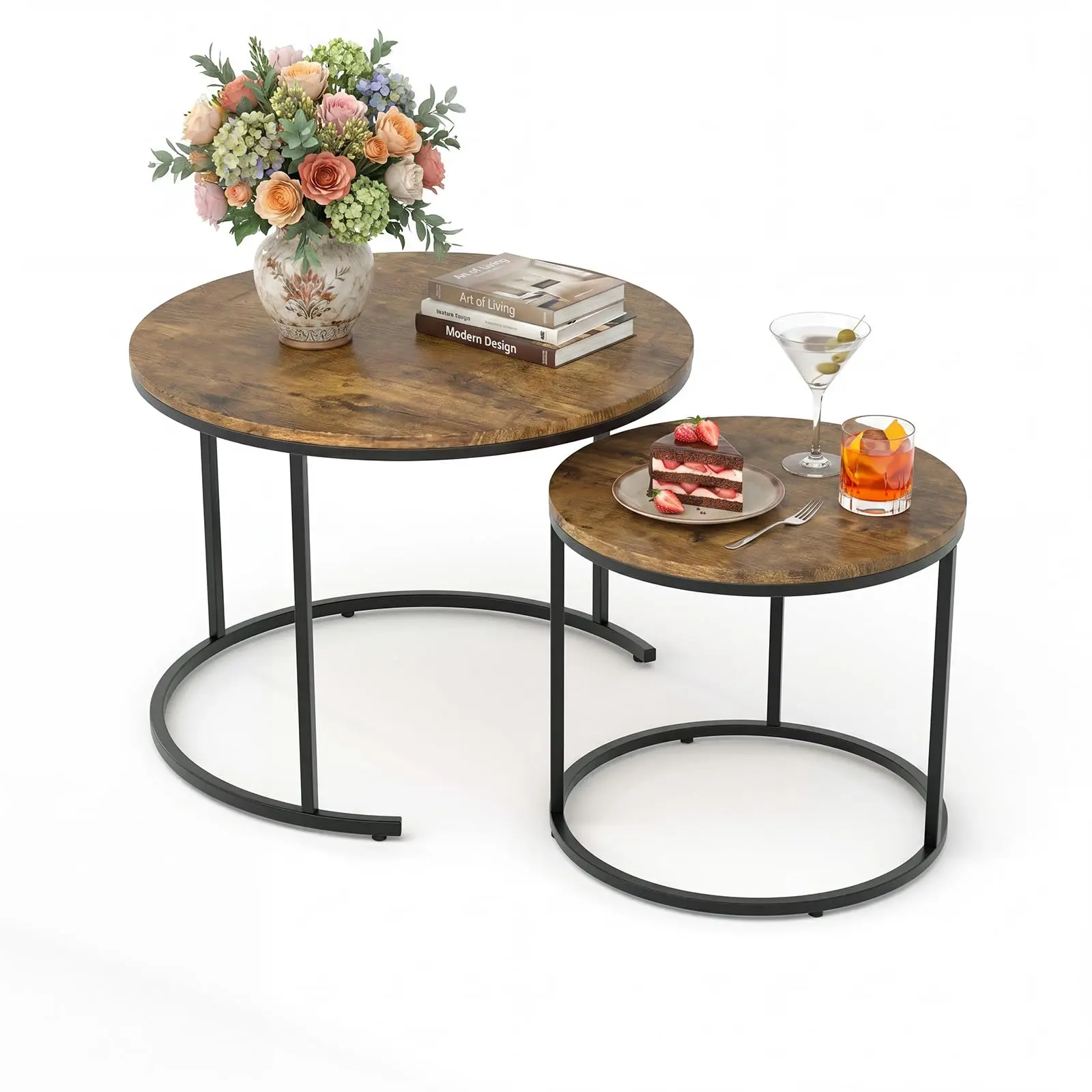 Modern Nesting Coffee Table Set of 2 – Round Faux Marble Top, Sturdy Metal Frame, mark-Resistant & Waterproof, Space-Saving Side Tables for Living Room or Bedroom