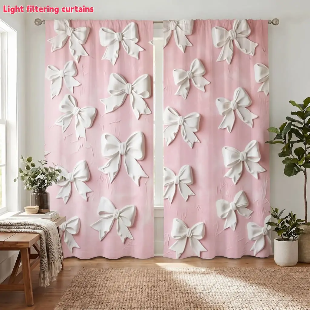 2Pcs 2D Bow Decorative Curtains Light Filtering Privacy for Living Room Bedroom Study Kids Home Decor