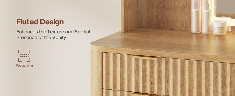 51.2 Inches Fluted Makeup Vanity with Mirror and Lights Oak
