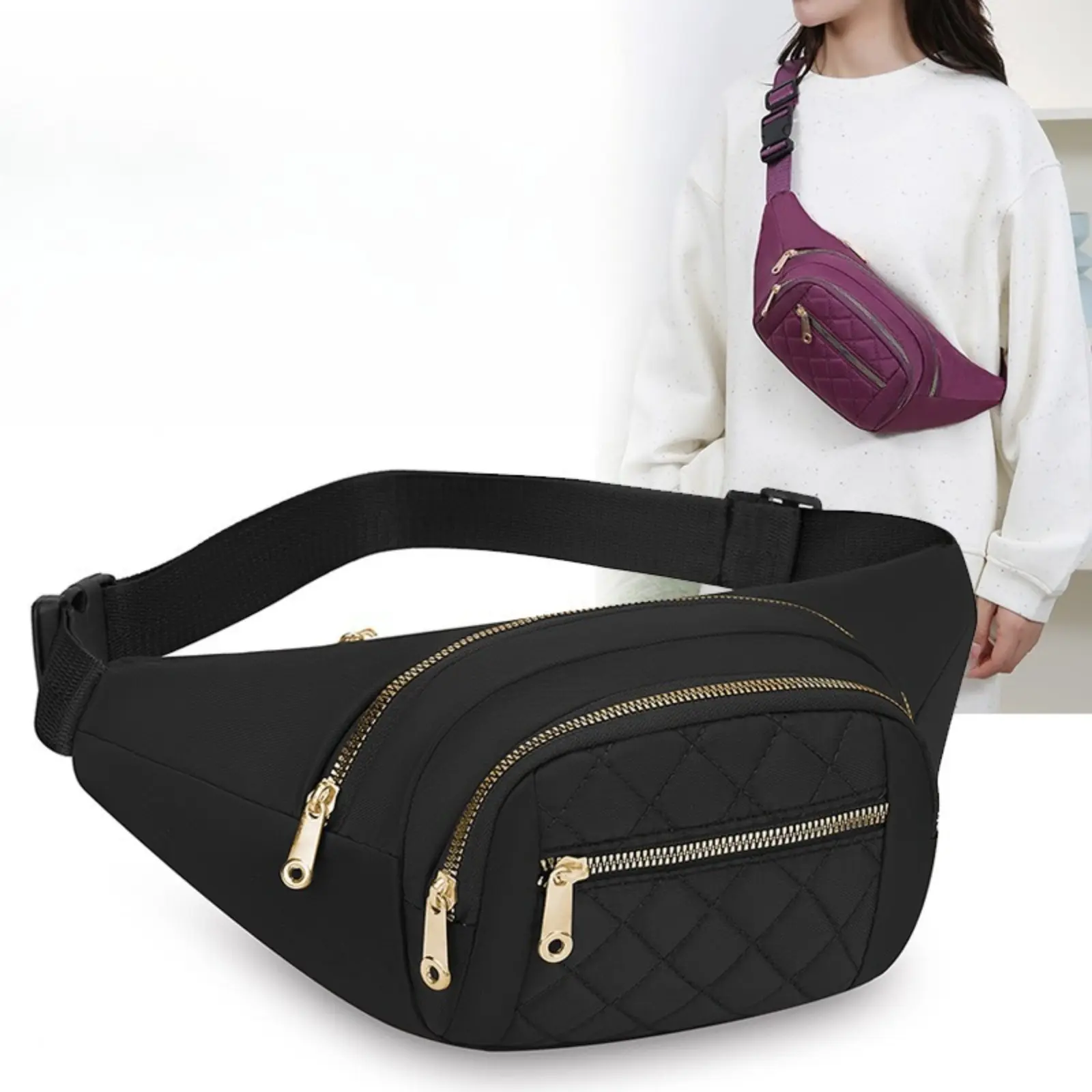 Quilted Nylon Fanny Pack Waist Bag, Trendy Elegant Women Crossbody Chest Bag, Water Resistant Multi Pocket Sling Bum Bag, Adjustable Strap Gold Zipper Purse, Travel Daily Shoulder Bag for Ladies