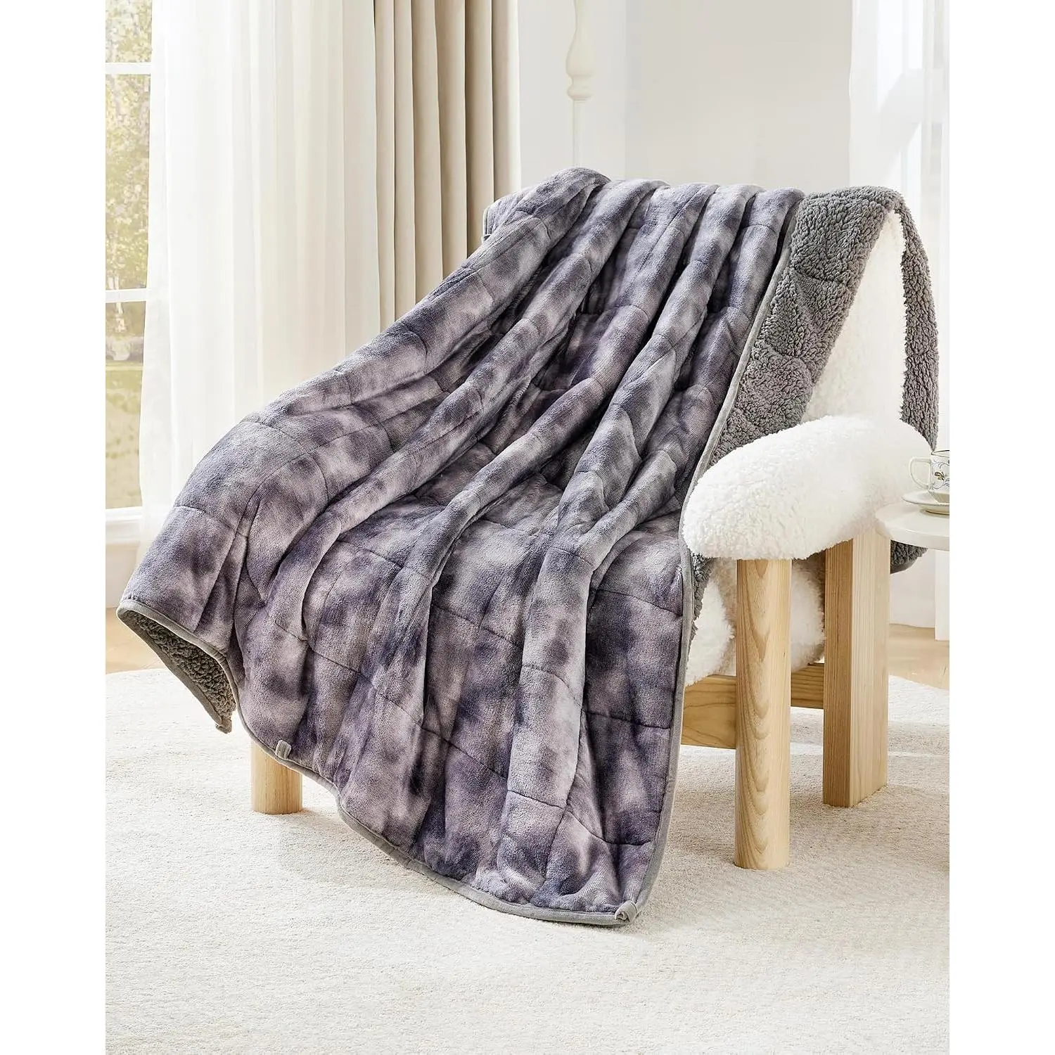 Ultra-Soft Weighted Blanket for Adults(15 lbs, 48” x 72” Full Size)  Sherpa Fleece Reversible Heavy Blanket with Glass Beads,  for 140-190 lbs, Machine Washable, Tie-dye Grey