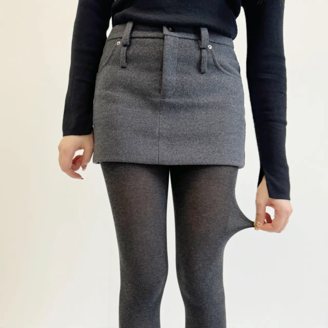 Women's Soft High-Elastic Dark Grey Vertical Rib Texture Knit Fabric Pantyhose, Breathable Slim Full-Length Tights for Office, Casual Wear, Autumn Winter Outfits (Matches Mini Skirts)