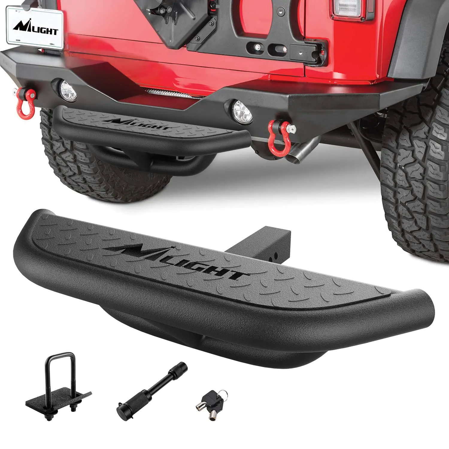 Nilight Heavy Duty 2" Receiver Rear Bumper Guard Protector - Upgraded Textured Black Step Bar, Stabilizer, Hitch Lock, U-Bolts, 350lb Load Support, Collision Shield, Plug-In Install, Wide Fit for Cars/Trucks, Included Tools, Slip Proof