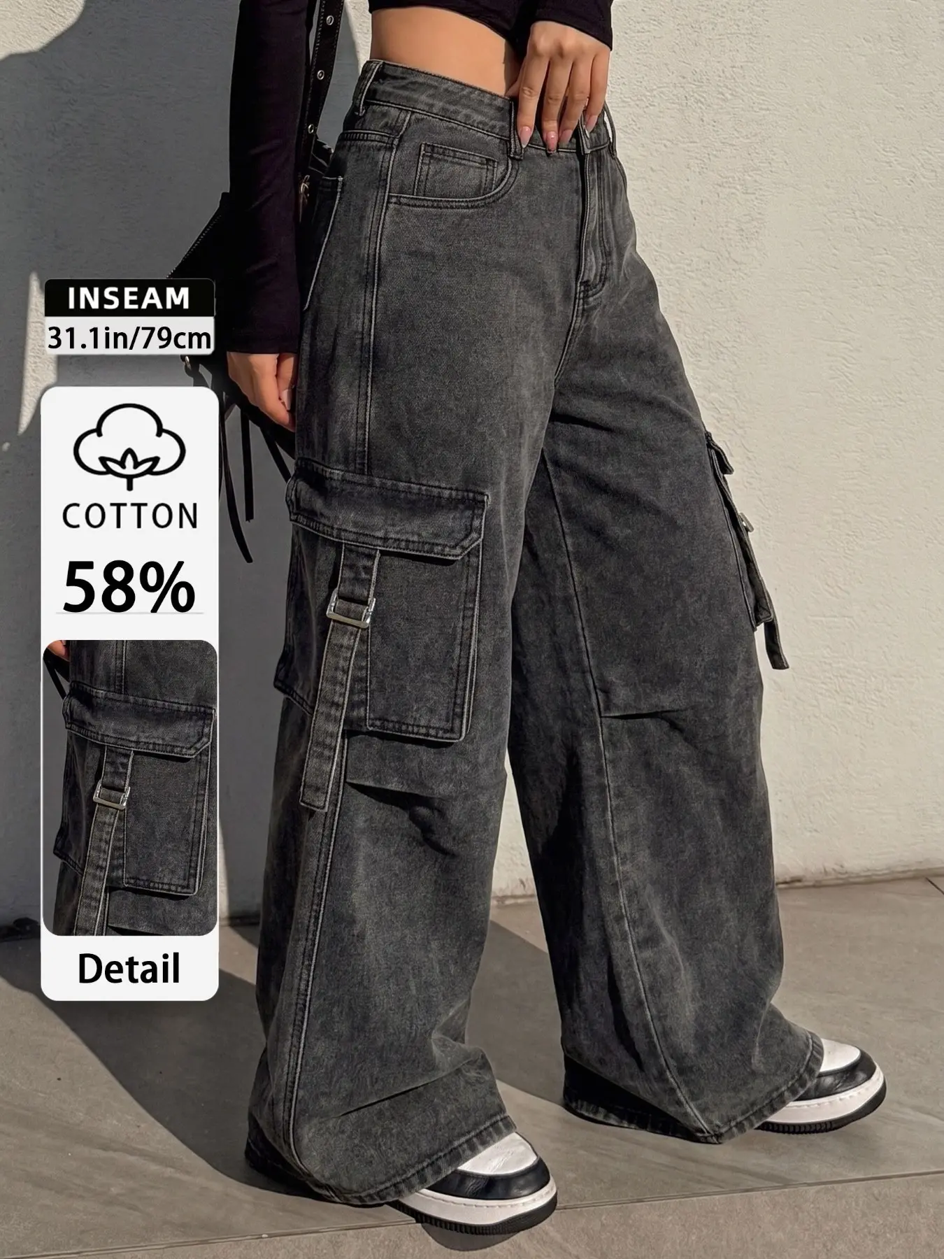 Mid Waist Baggy Cargo Denim Jeans for Women, Wide Leg Streetwear Pants with Large Pockets, Trendy Casual Summer Bottoms, Slimming All-Season Daily Wear, Elegant Chic Style