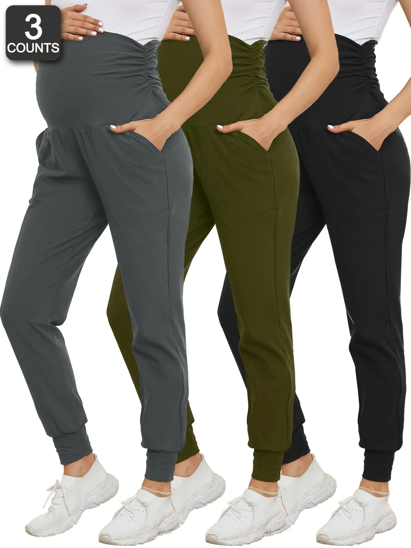 3-Pack High-Elastic Comfortable Pregnancy Joggers, Pockets, High-Waist Support, Casual Slim-Fit, Spring & Fall Wear